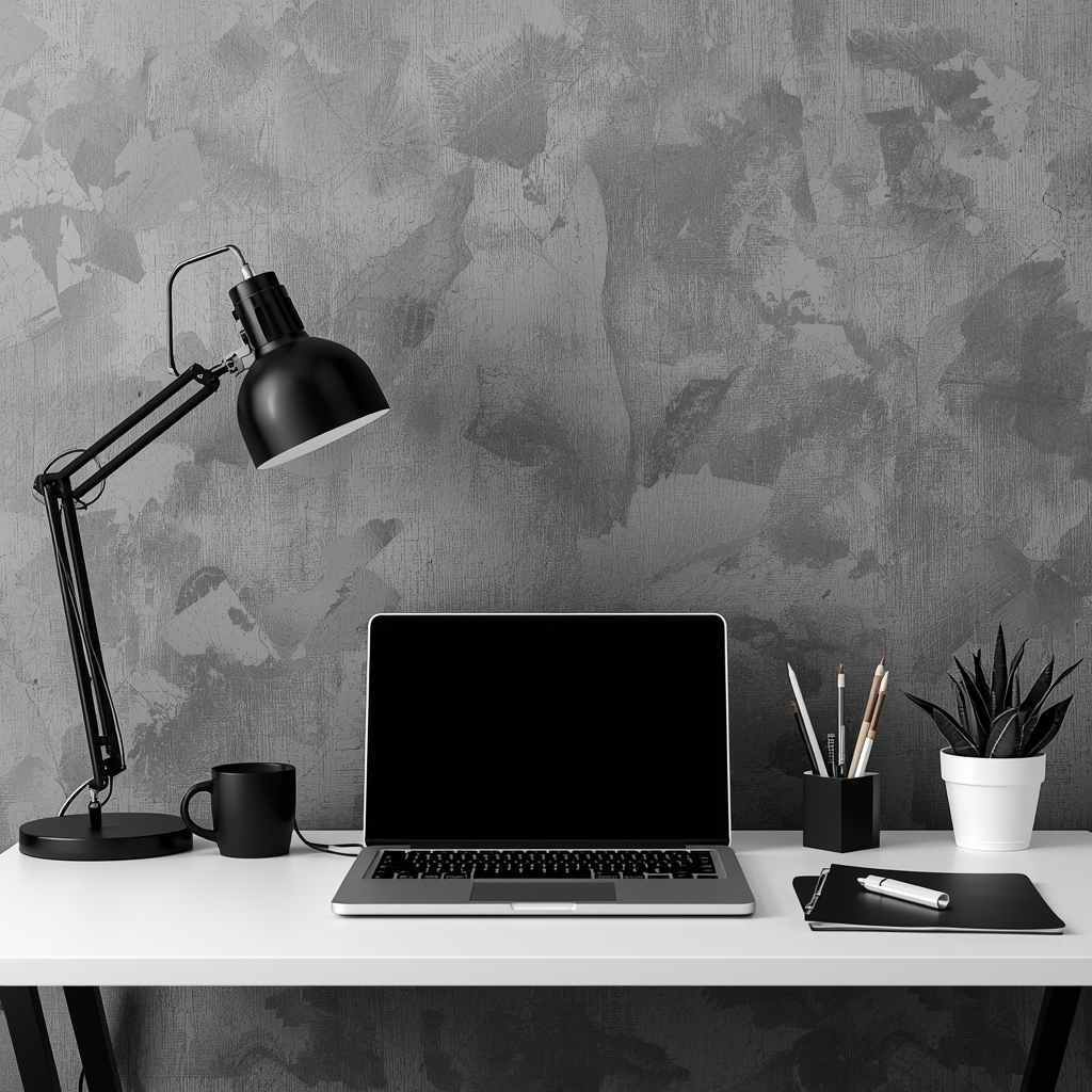 high contrast black and white minimal business desk with laptop and graphs, no human presence